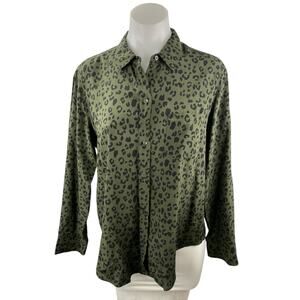 Rails Kate 100% Silk Green Cheetah Collared Long Sleeve Button Down Shirt Top S